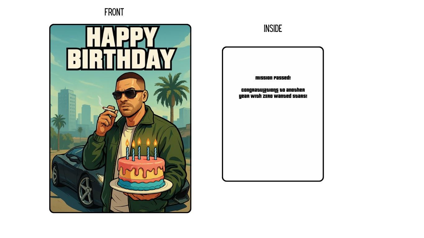 Funny Gamer Birthday Card – “Mission Passed, Zero Wanted Stars” – Video Game Style Greeting