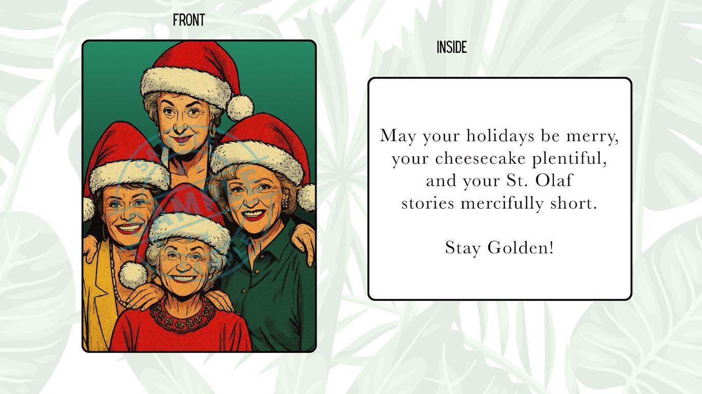 Box of 12 Funny Christmas Cards – Retro Pop Art Holiday Card, 5x7 Glossy – “Thank You for Being a Friend” Inspired Holiday Greeting Card