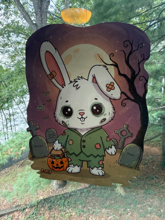 8" Reusable Static Window Cling – Cute Zombie Rabbit in Graveyard (Indoor Use Only)