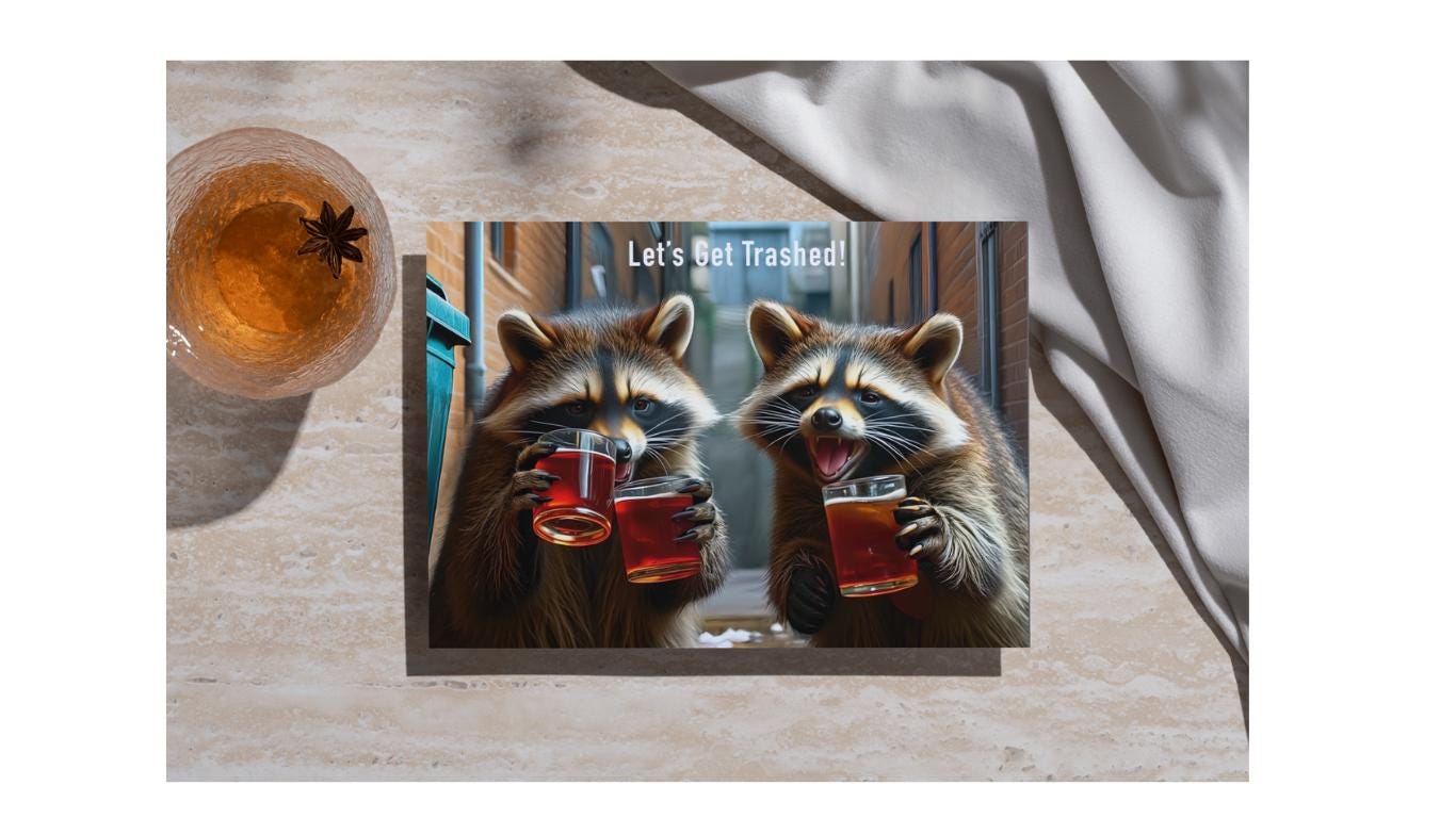 Funny Raccoon Birthday Card – “Let’s Get Trashed!” – Wild Animal Drinking, Humorous Adult Birthday
