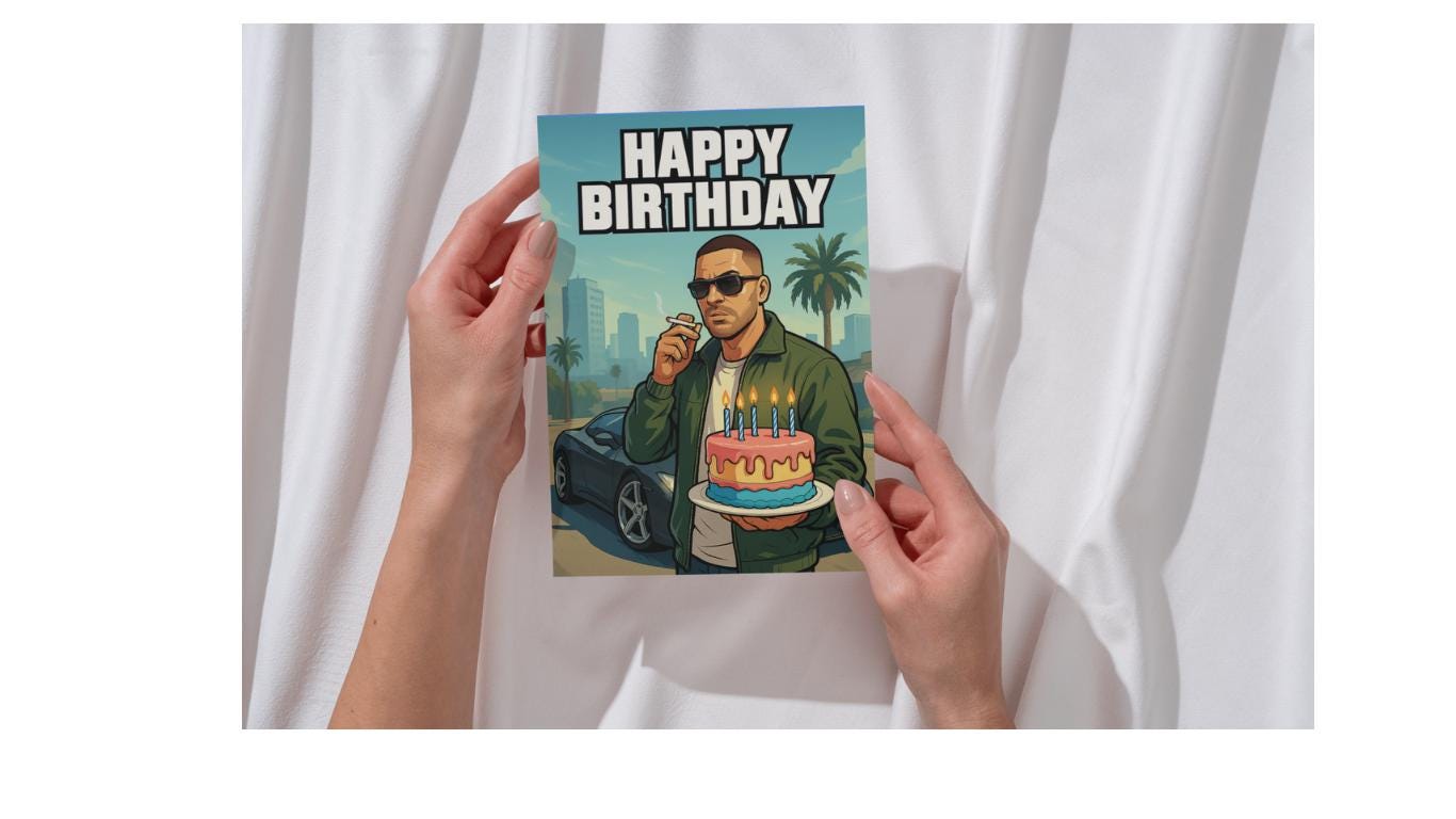 Funny Gamer Birthday Card – “Mission Passed, Zero Wanted Stars” – Video Game Style Greeting