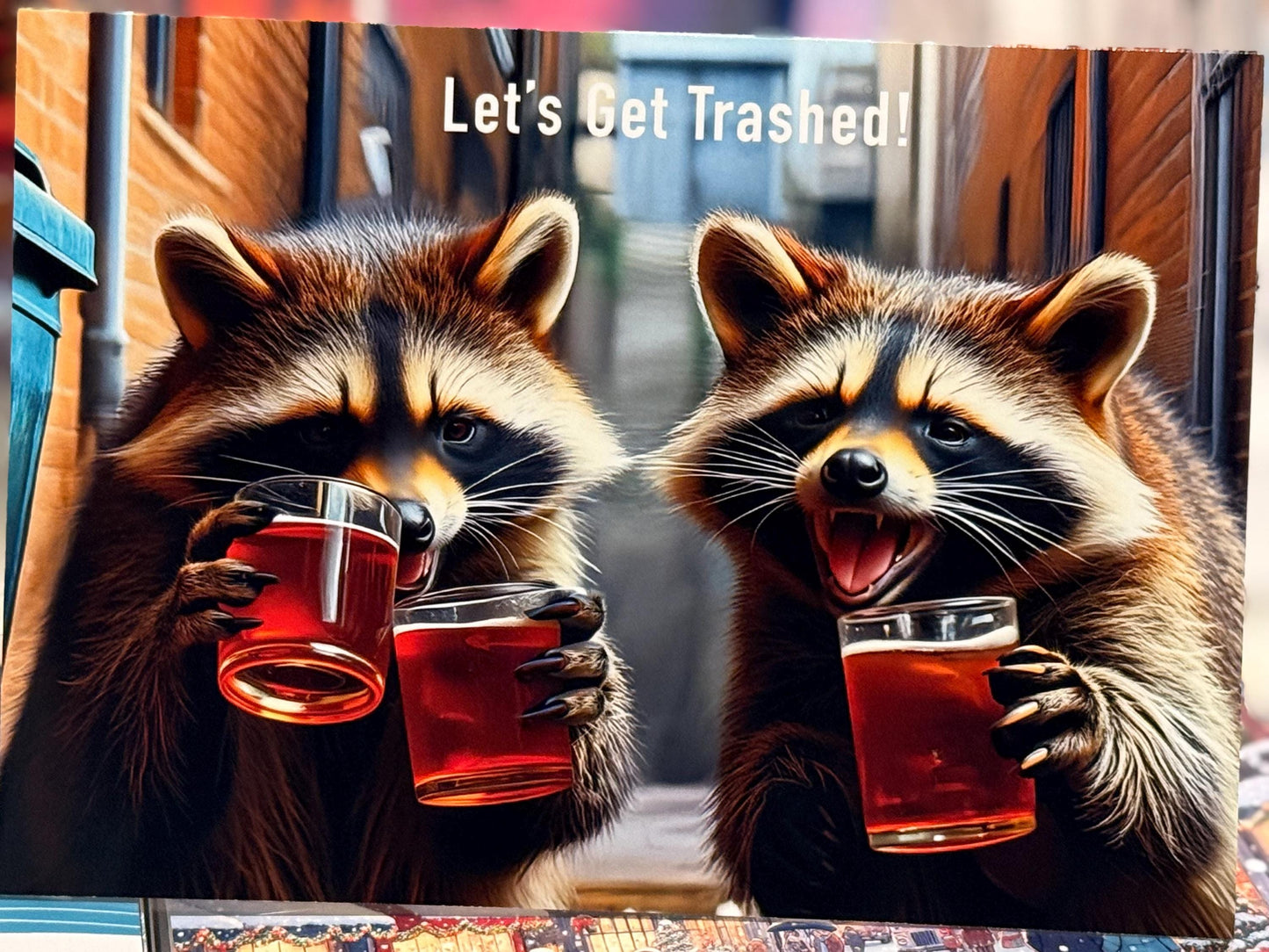 Funny Raccoon Birthday Card – “Let’s Get Trashed!” – Wild Animal Drinking, Humorous Adult Birthday