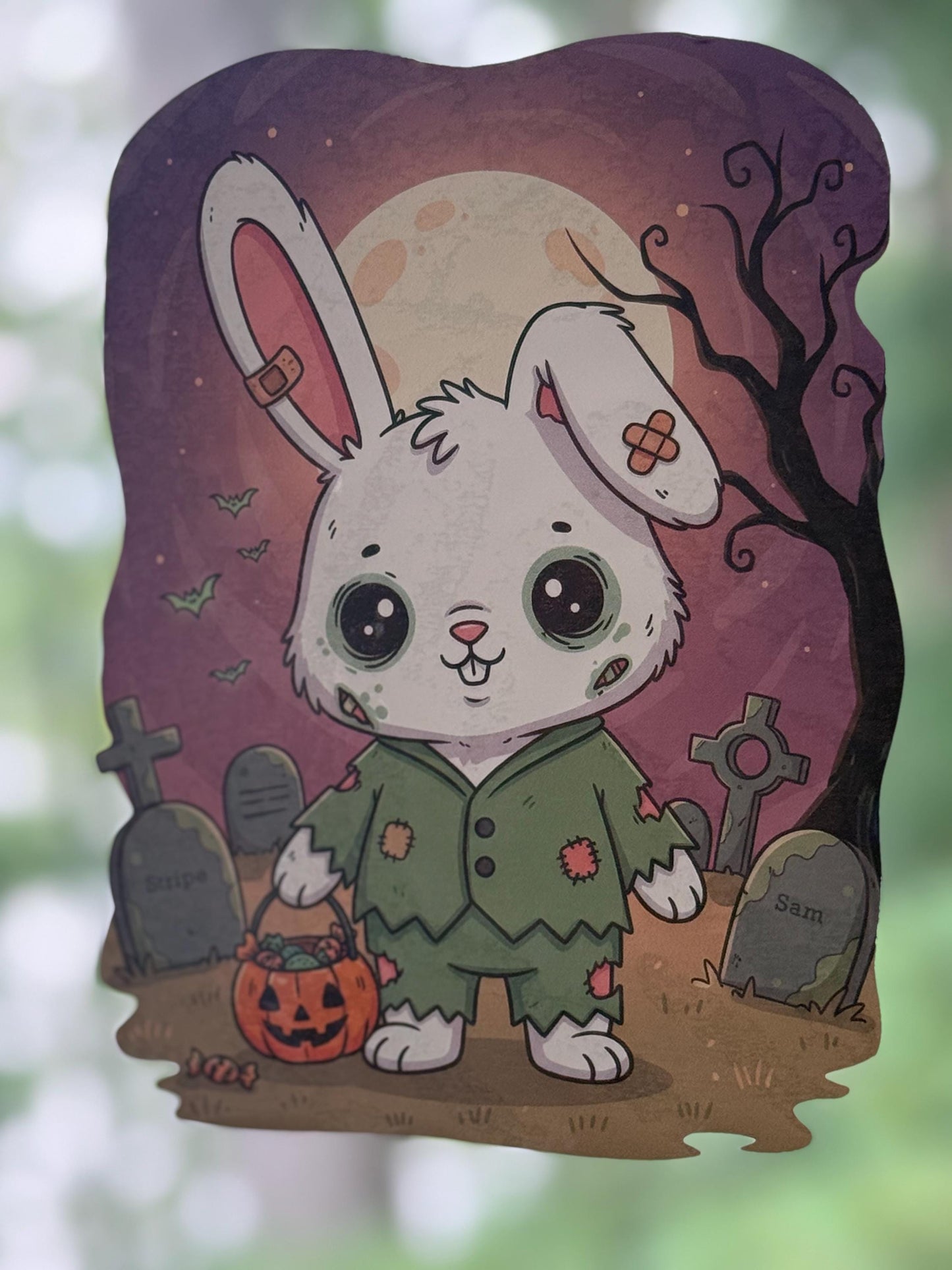 8" Reusable Static Window Cling – Cute Zombie Rabbit in Graveyard (Indoor Use Only)
