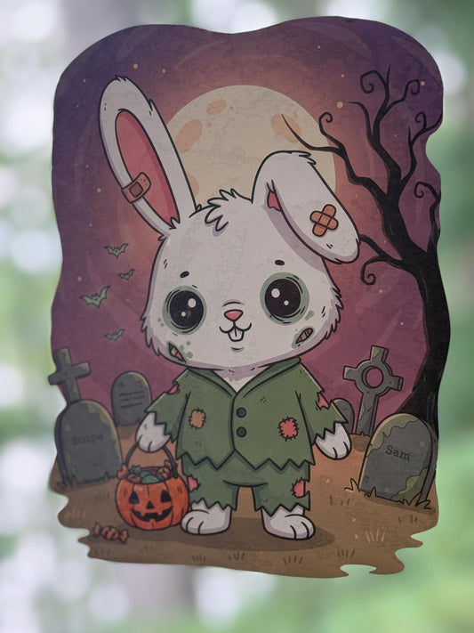 8" Reusable Static Window Cling – Cute Zombie Rabbit in Graveyard (Indoor Use Only)